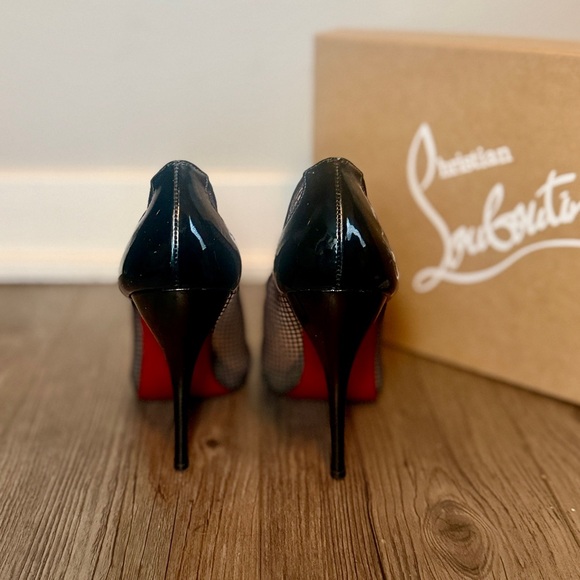 Christian Louboutin Black Fishnet Peep Toe Heels | Size 38 | Red Sole - Picture 3 of 5